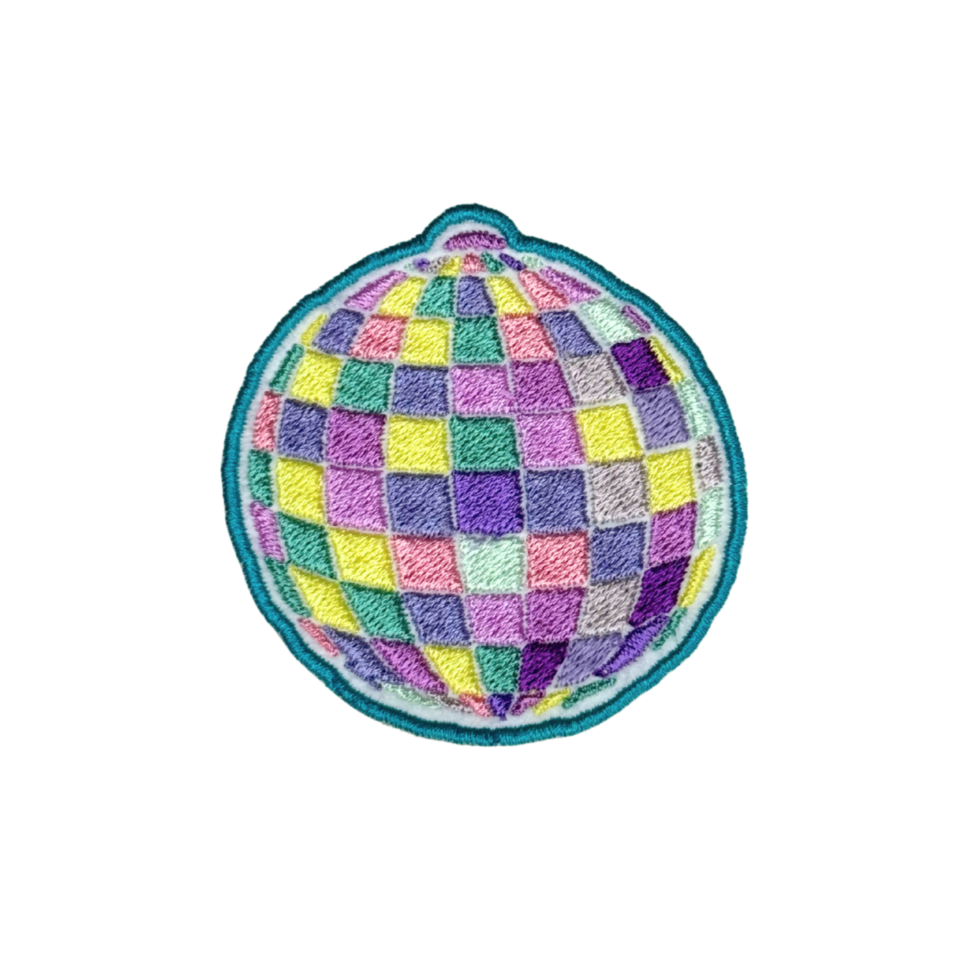 Pastel embroidered disco ball patch on white background
