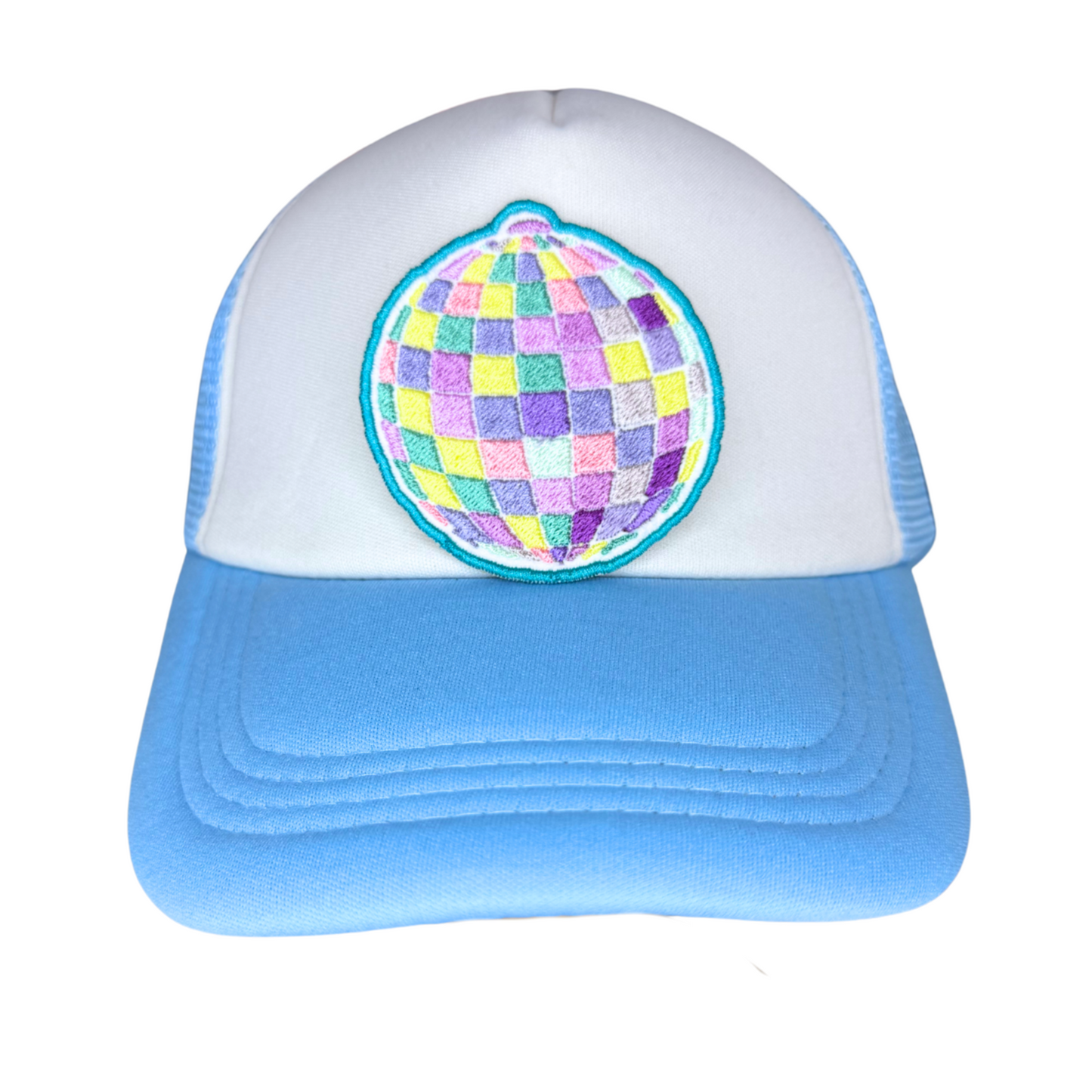 Embroidered patch styled with retro pink rotary phone and stationery