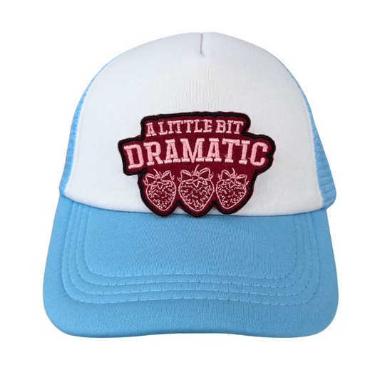 “embroidered strawberry patch ironed onto white and blue trucker hat”
