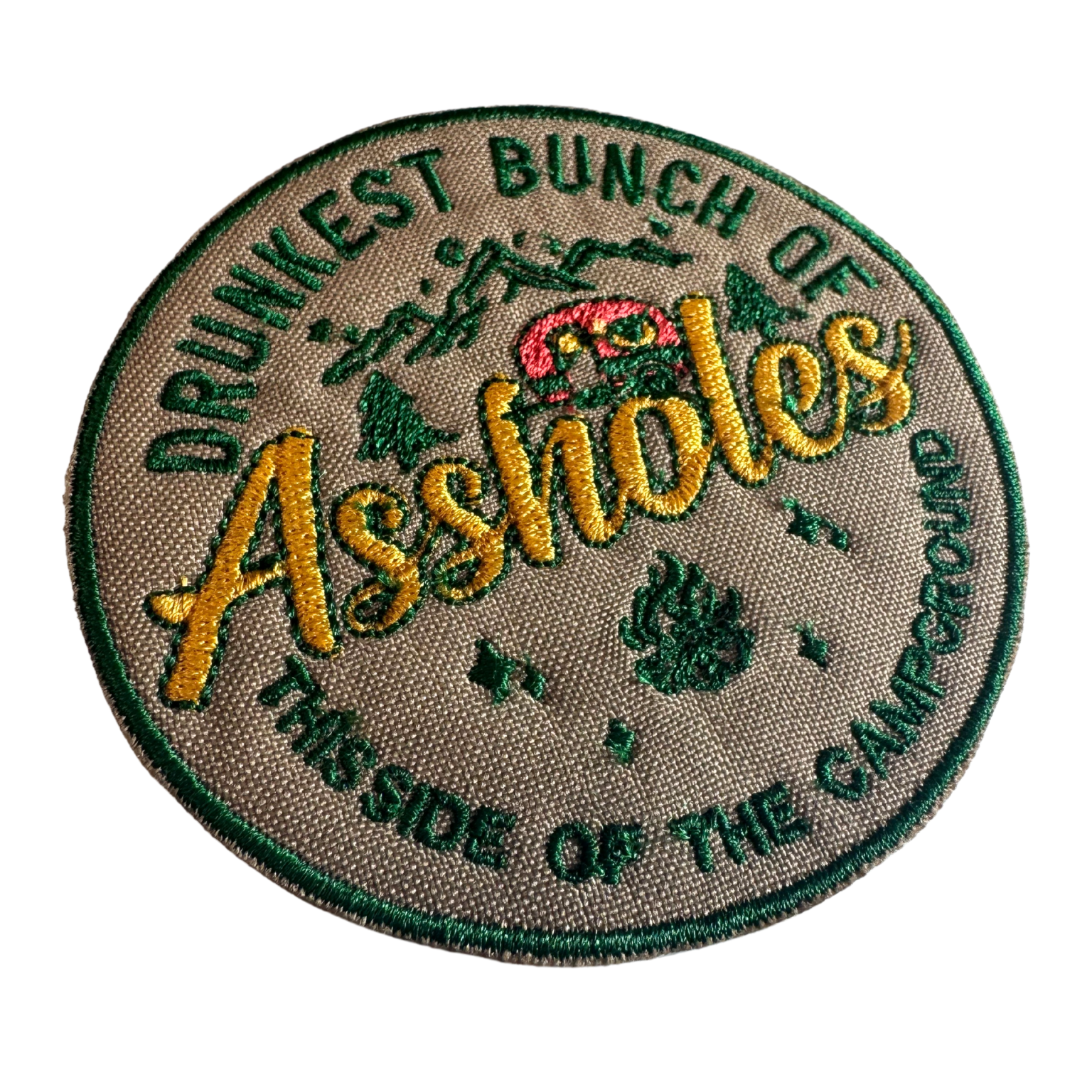 Angle view of embroidered "Drunkest Bunch of Assholes" patch showing stitching detail
