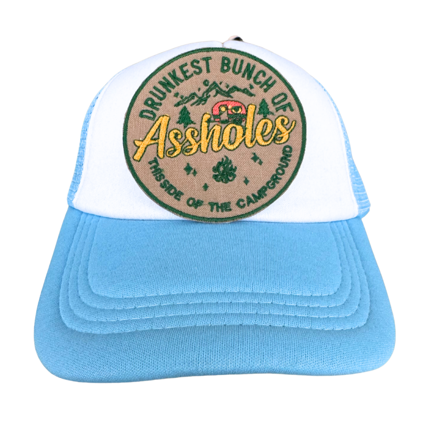 Blue and white trucker hat featuring the "Drunkest Bunch of Assholes" camping patch

