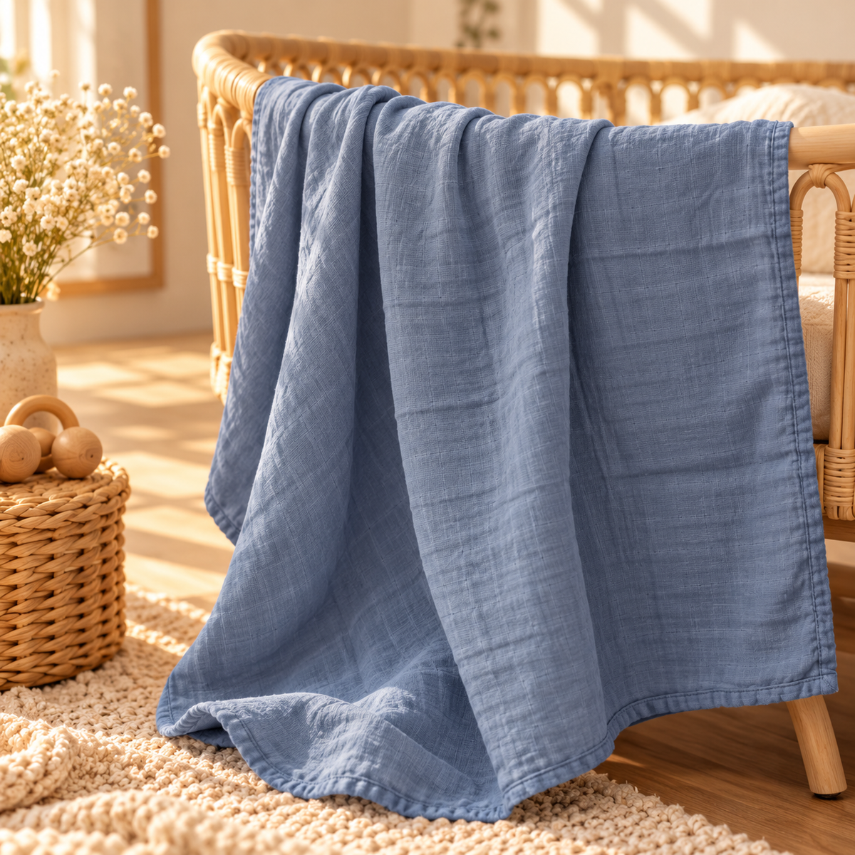 Dusty blue cotton gauze baby swaddle styled in a warm nursery