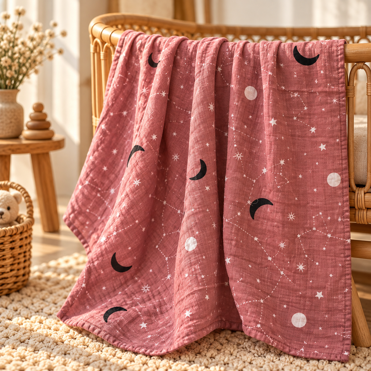 Dusty rose celestial cotton gauze swaddle in a warm boho nursery