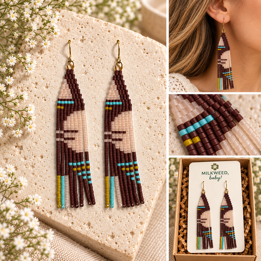 Hand-beaded fringe earrings in brown, blush, turquoise and mustard shown flat, worn, close up and on a Milkweed baby card