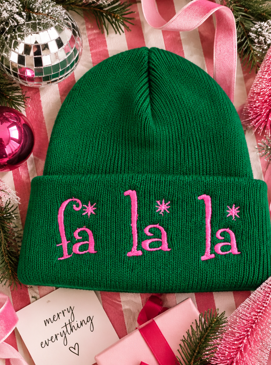 Fa La La green Christmas embroidered beanie styled product photo