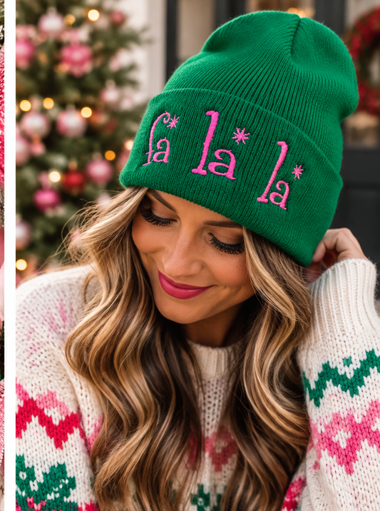 Fa La La green Christmas embroidered beanie lifestyle photo