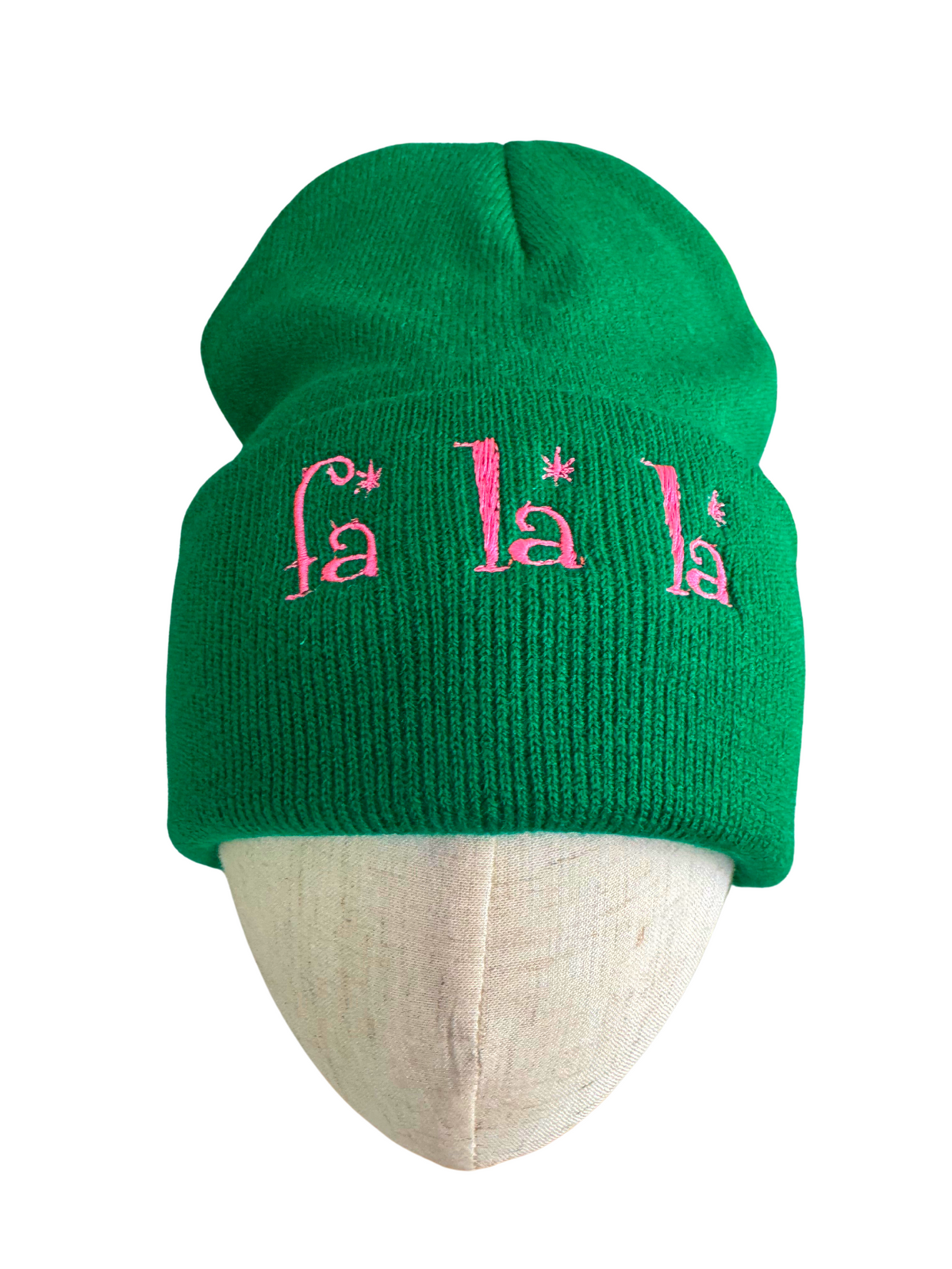 Original front view of green Fa La La embroidered Christmas beanie