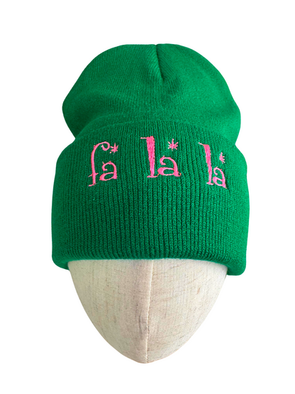 Original front view of green Fa La La embroidered Christmas beanie