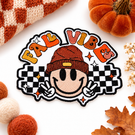 Fall Vibes smiley iron-on patch styled hero photo