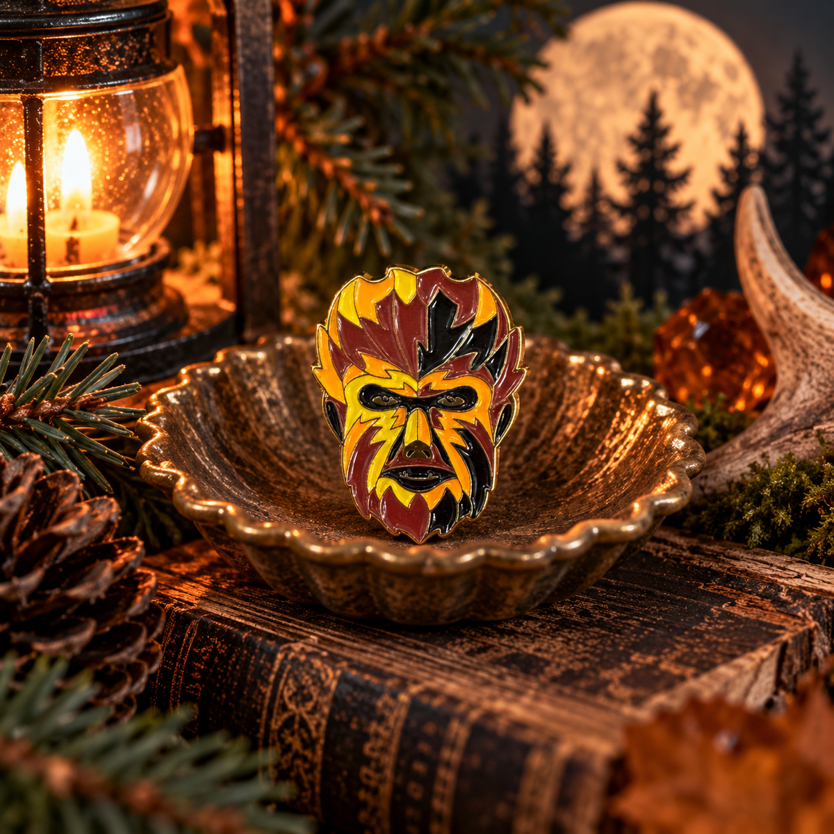 Fire Wolf Man inspired enamel pin in a moonlit retro horror scene
