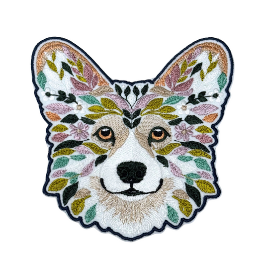 Front view of floral embroidered corgi iron-on patch
