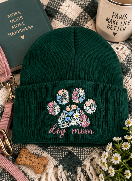 Floral Dog Mom embroidered dark green beanie styled product photo