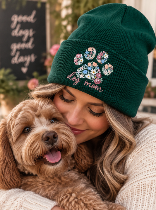 Floral Dog Mom embroidered dark green beanie lifestyle photo with dog
