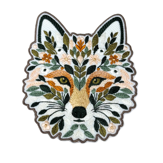 Front view of floral fox embroidered patch
