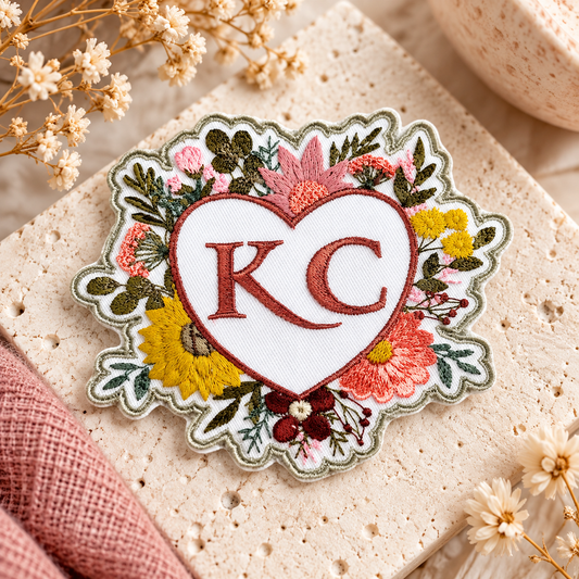 Floral KC heart embroidered patch with colorful flowers styled on warm cream stone