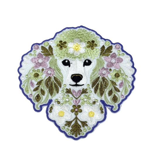 Front view of floral embroidered poodle iron-on patch
