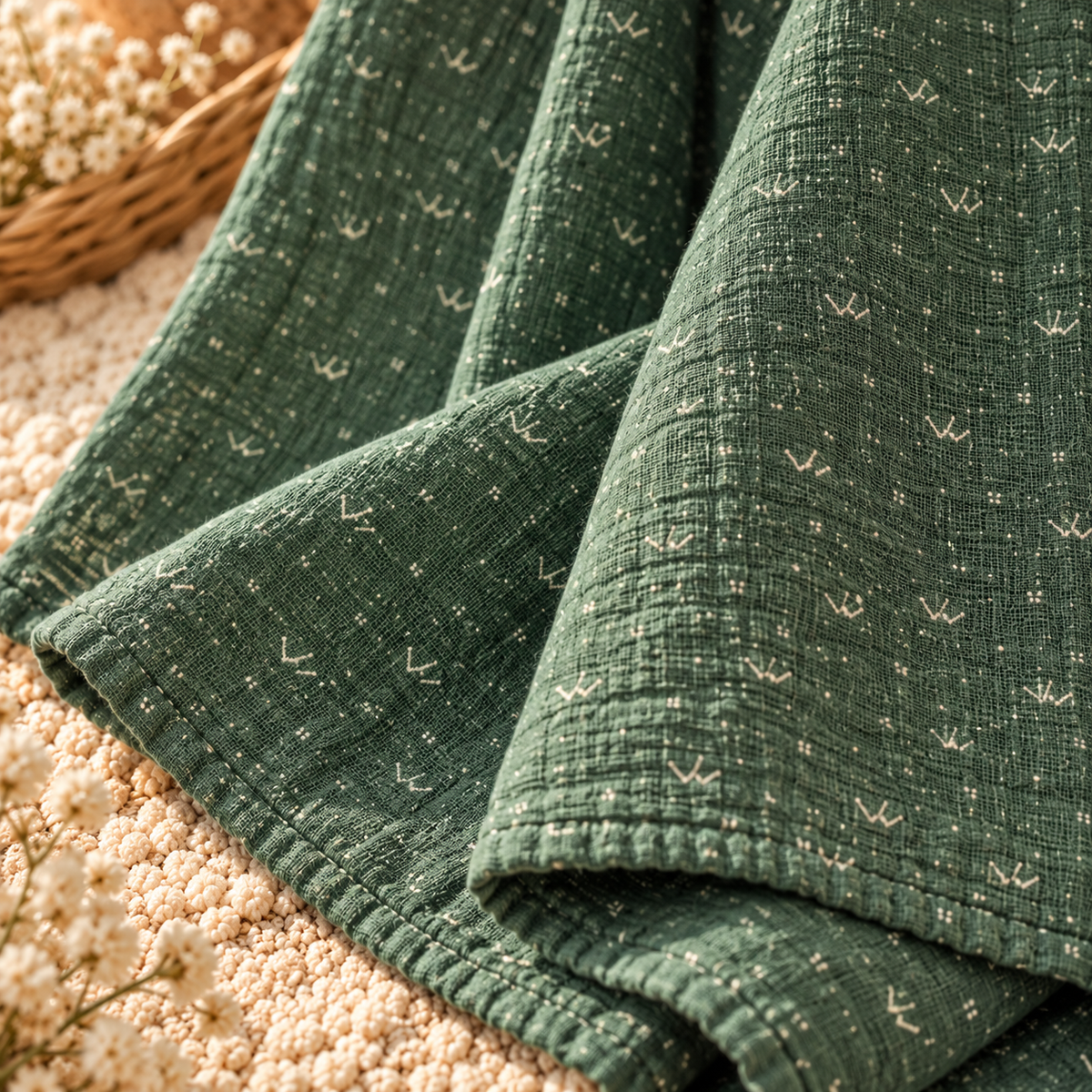 Close-up detail of forest green printed cotton gauze swaddle fabric and finished edge