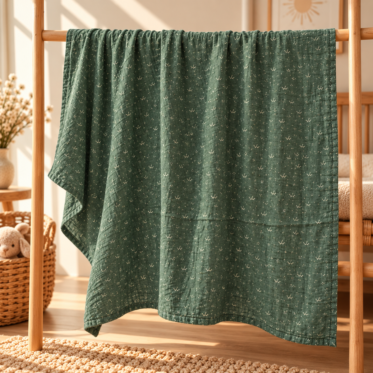 Forest green printed cotton gauze baby swaddle shown full size on a wooden nursery rack