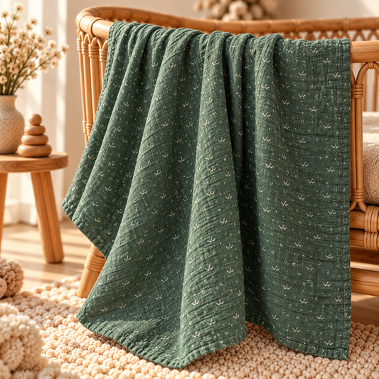 Forest Green Tiny Sprig cotton gauze baby swaddle in a warm boho nursery