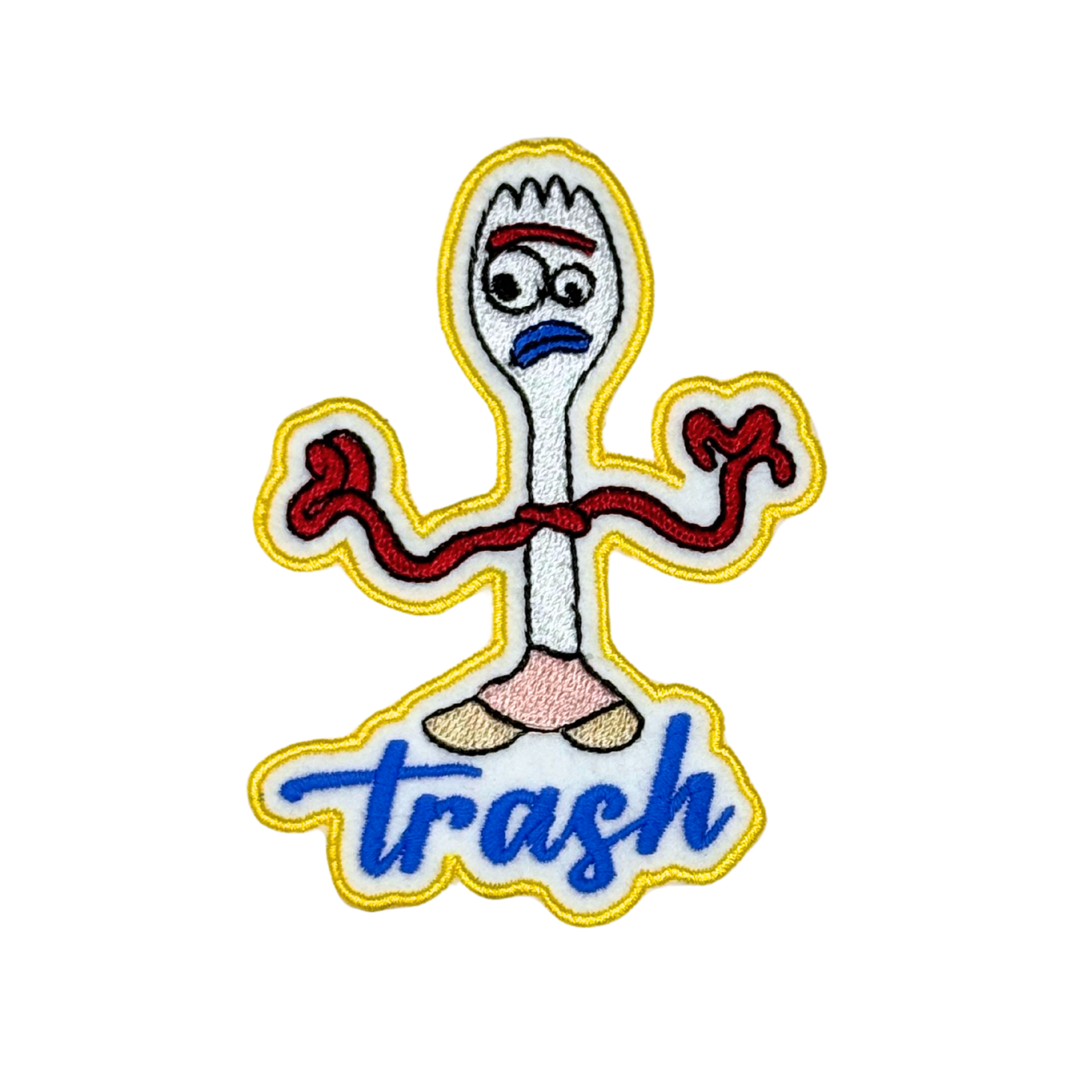 Front-facing view of Forky “Trash” embroidered iron-on patch