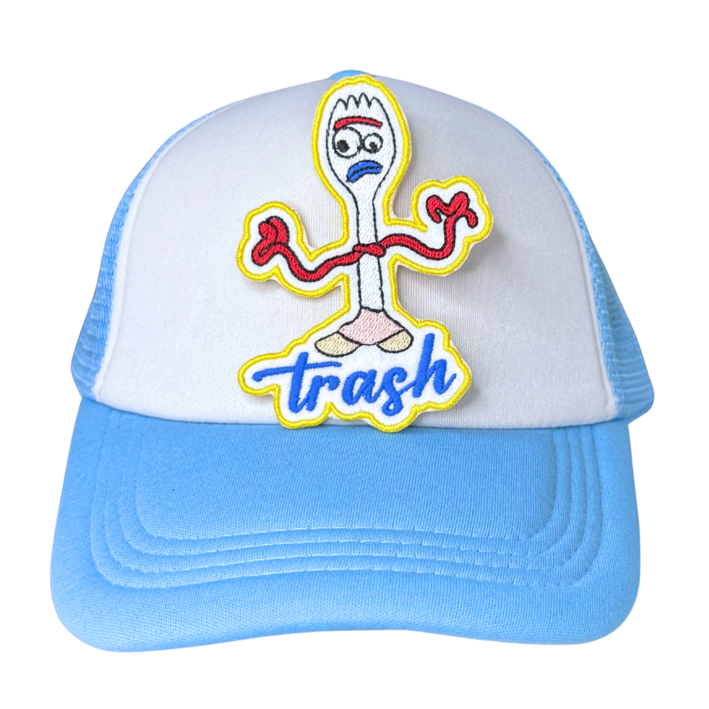 Forky patch ironed onto a white and blue trucker hat

