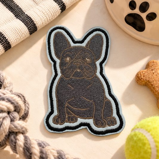 Gray French Bulldog embroidered iron-on patch on warm cream flat lay with rope toy and dog-themed accents