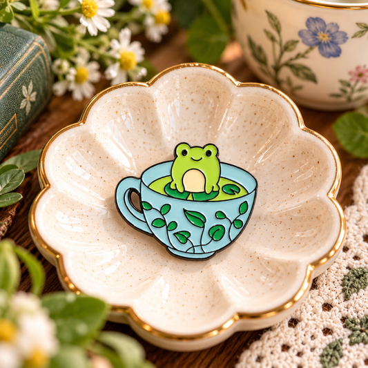 Frog in a teacup enamel pin styled cottagecore hero image