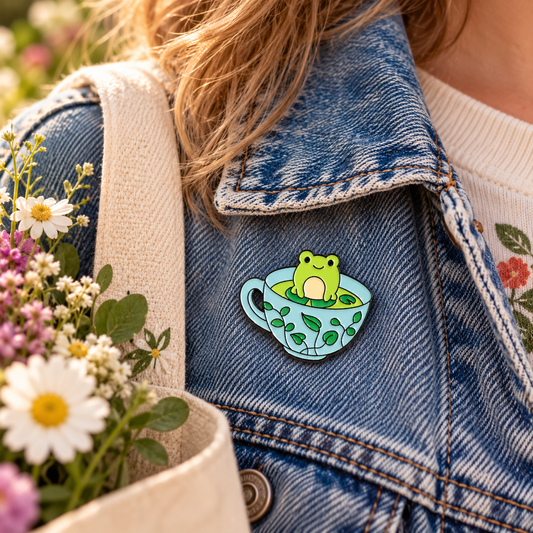 Frog in a teacup enamel pin worn on a denim jacket lifestyle image