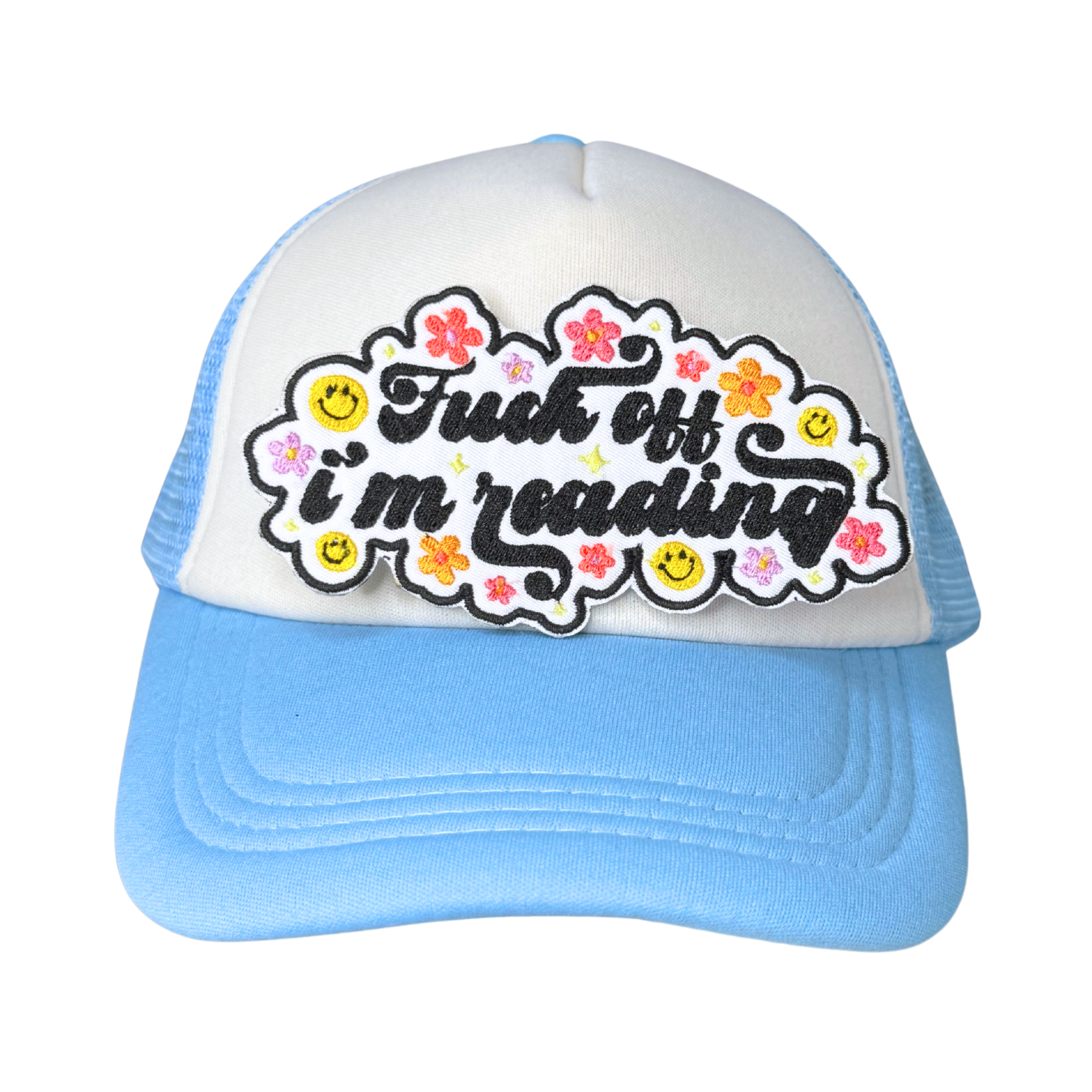patch displayed on a light blue and white trucker hat