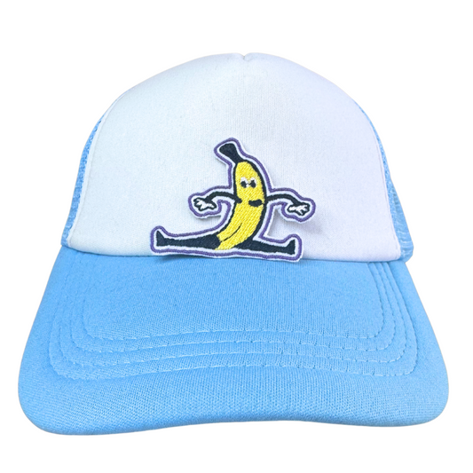Light blue and white trucker hat with an embroidered dancing banana patch attached.

