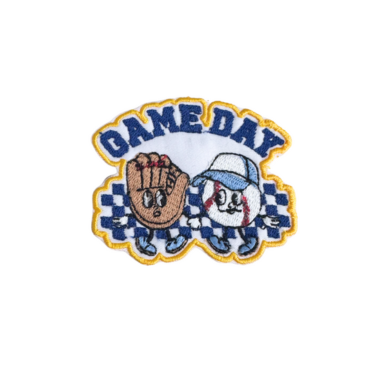 Handmade "Game Day" embroidered baseball patch featuring a glove, baseball, and checkered background in blue, white, and yellow.
