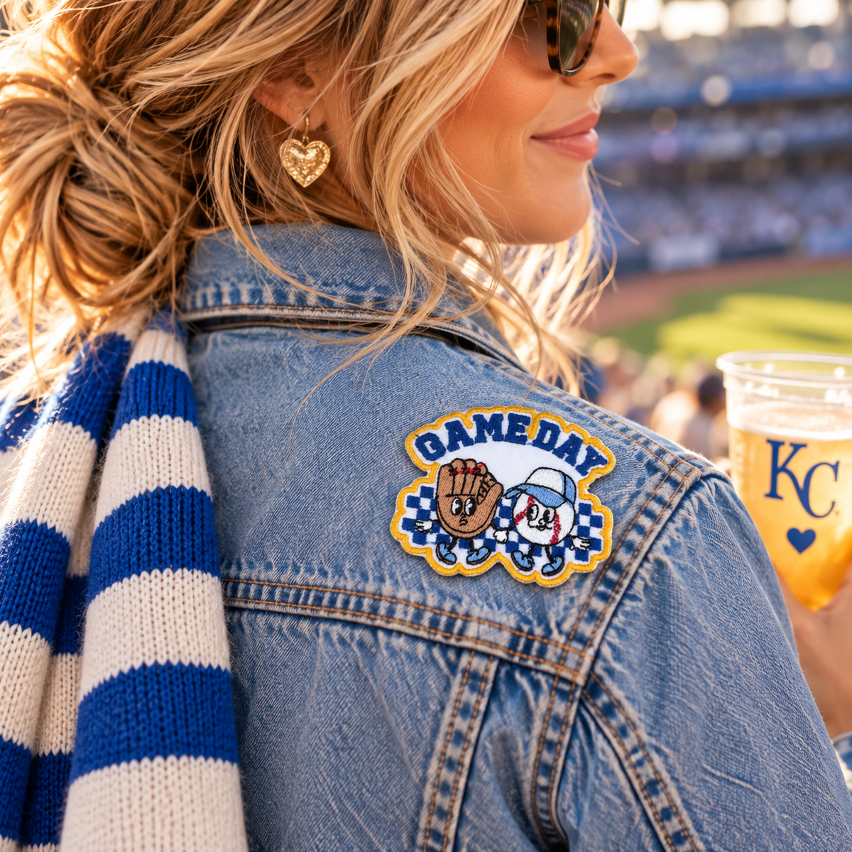 Game Day Baseball iron-on patch on denim jacket