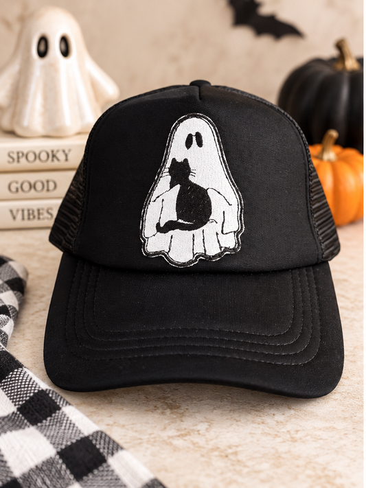Black Halloween trucker hat with embroidered ghost holding a black cat