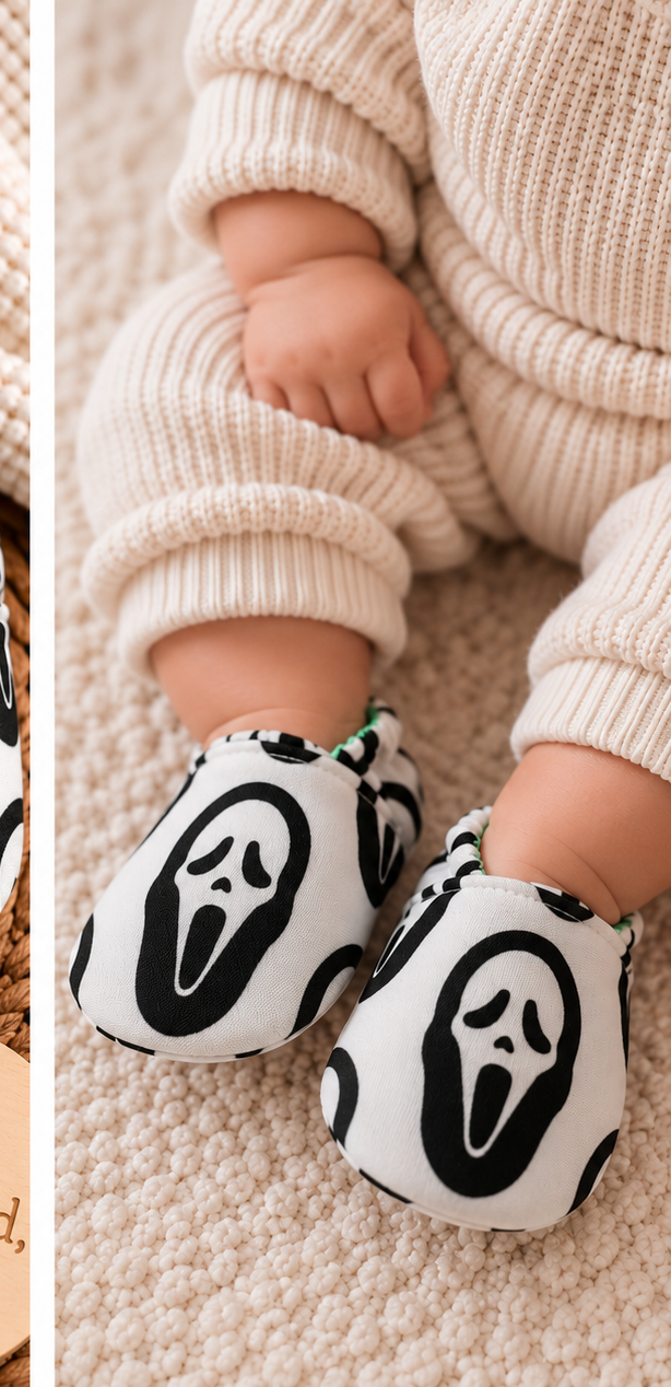 Baby wearing black and white ghost face print handmade soft sole shoes