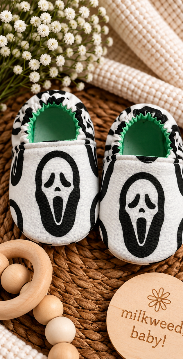 Handmade black and white ghost face print cotton baby shoes, size 3-6 months