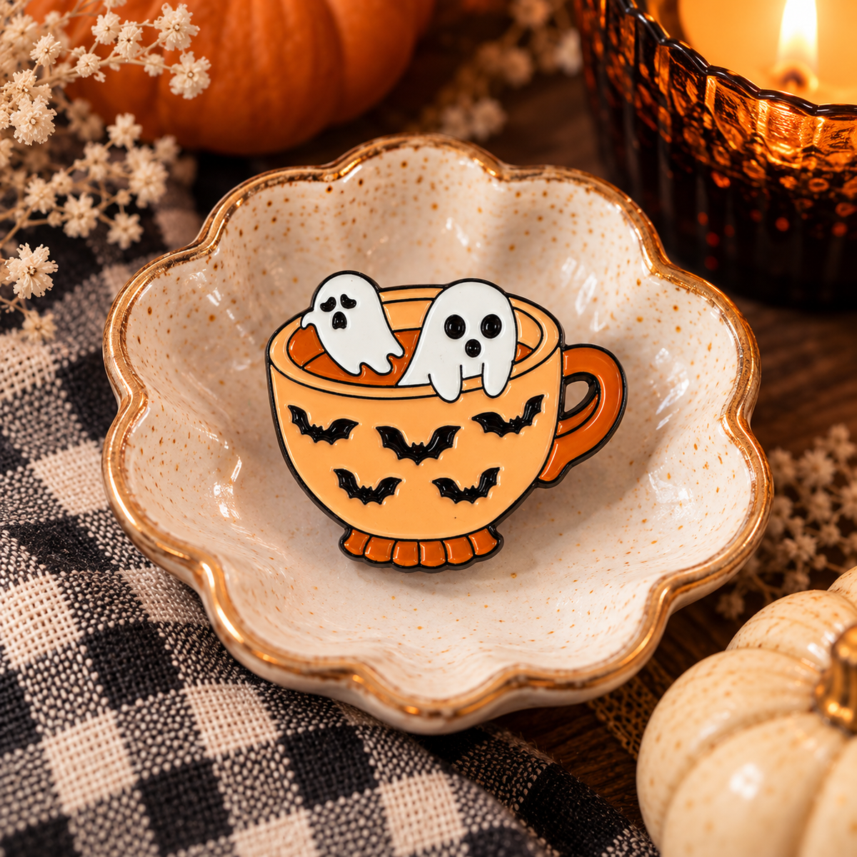 Ghosts in a teacup Halloween enamel pin hero image