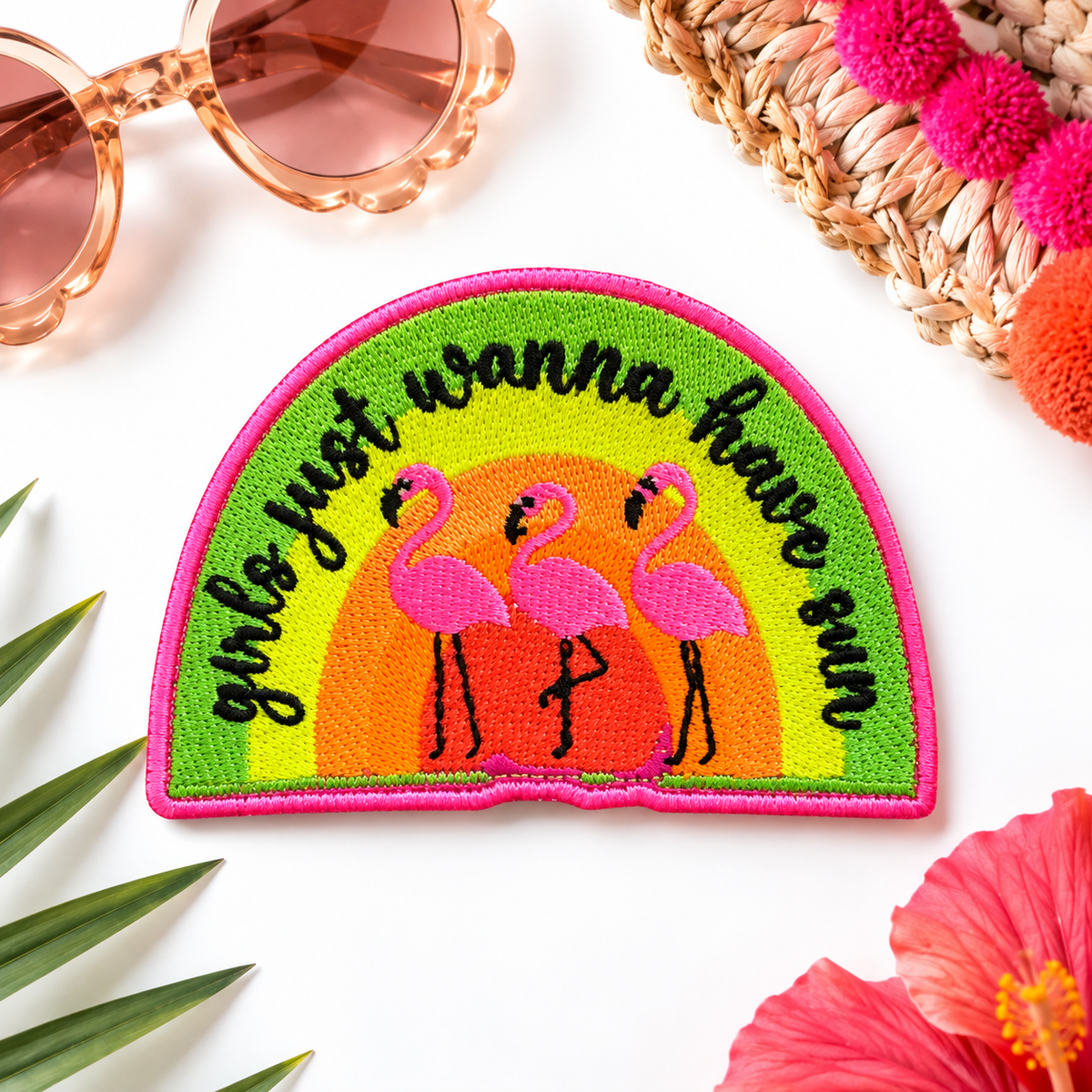 Girls Just Wanna Have Sun retro flamingo embroidered patch