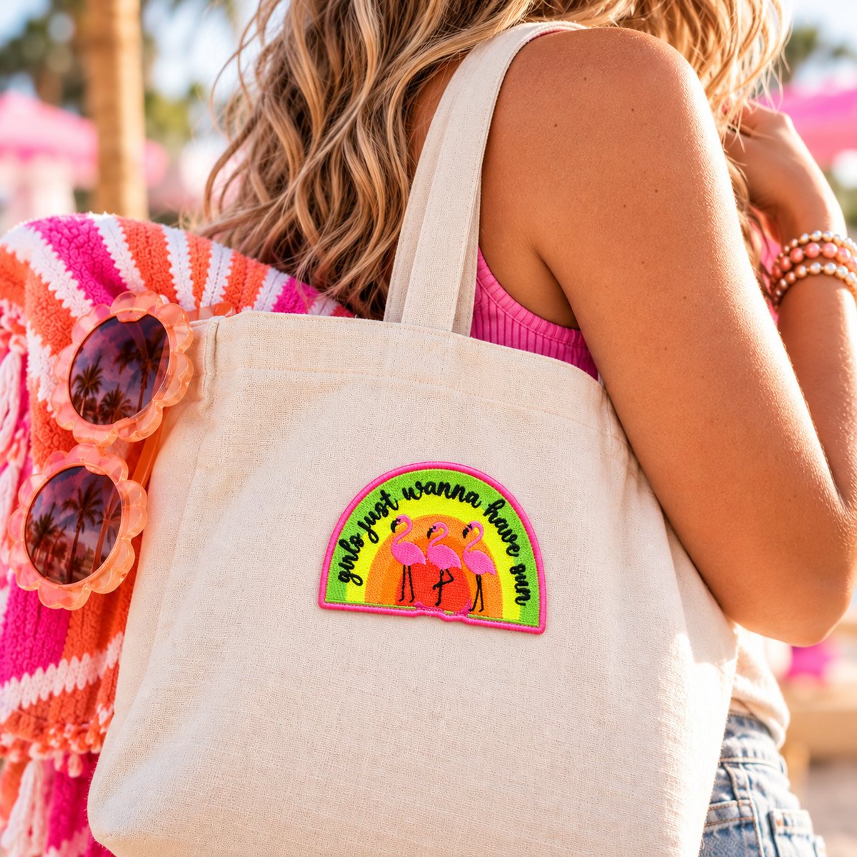 Girls Just Wanna Have Sun retro flamingo embroidered patch on a cream tote bag