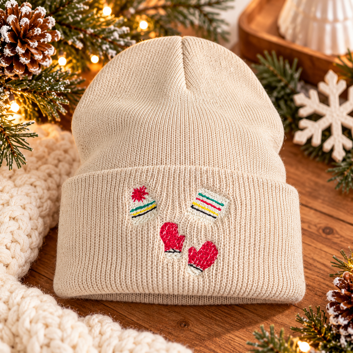 Cream embroidered winter beanie with striped winter hats and red mittens in a festive holiday setting