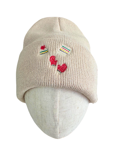Original view of cream Glacier-inspired embroidered winter beanie