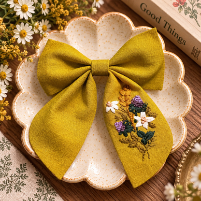 Hand-embroidered golden linen bow clip with floral stitching