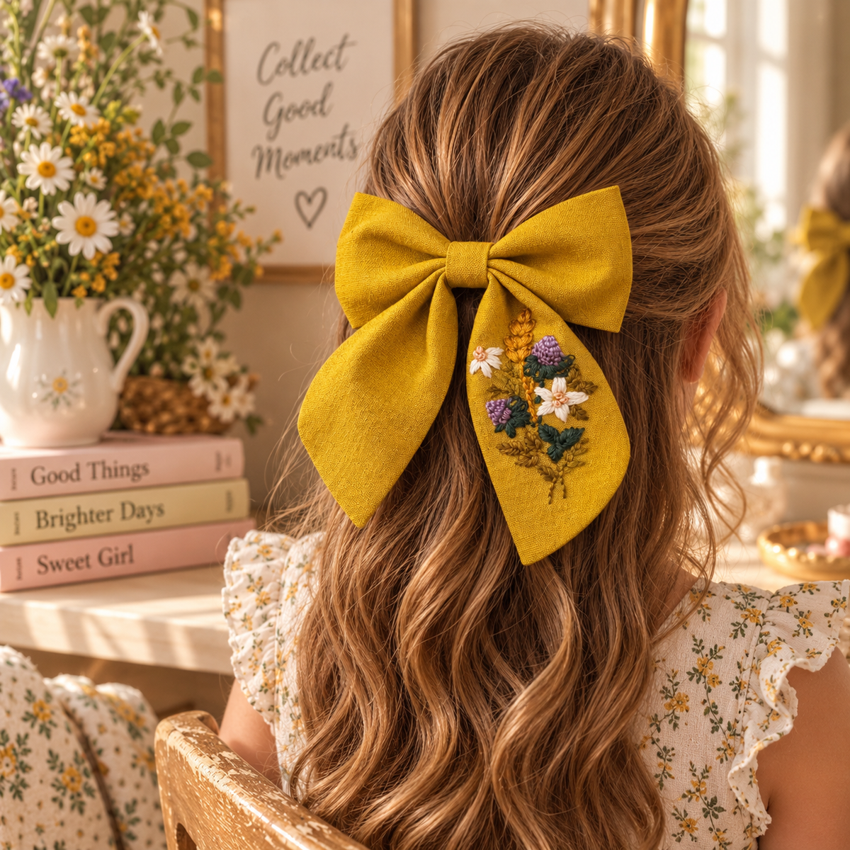Hand-embroidered golden linen bow clip worn in girl's hair