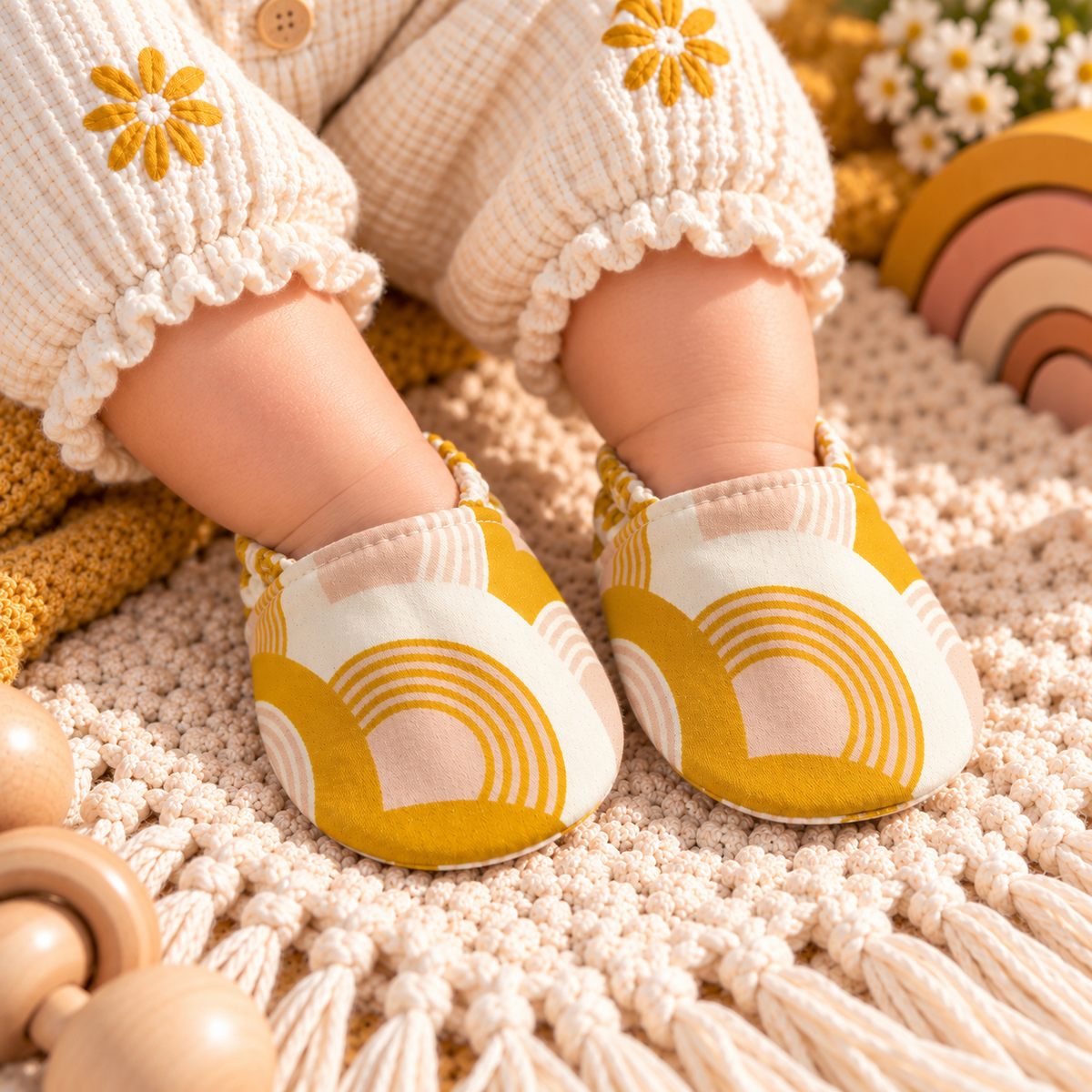 Golden Rainbow soft sole baby moccasins worn by a baby, size 0–3 months, in a warm boho nursery setting