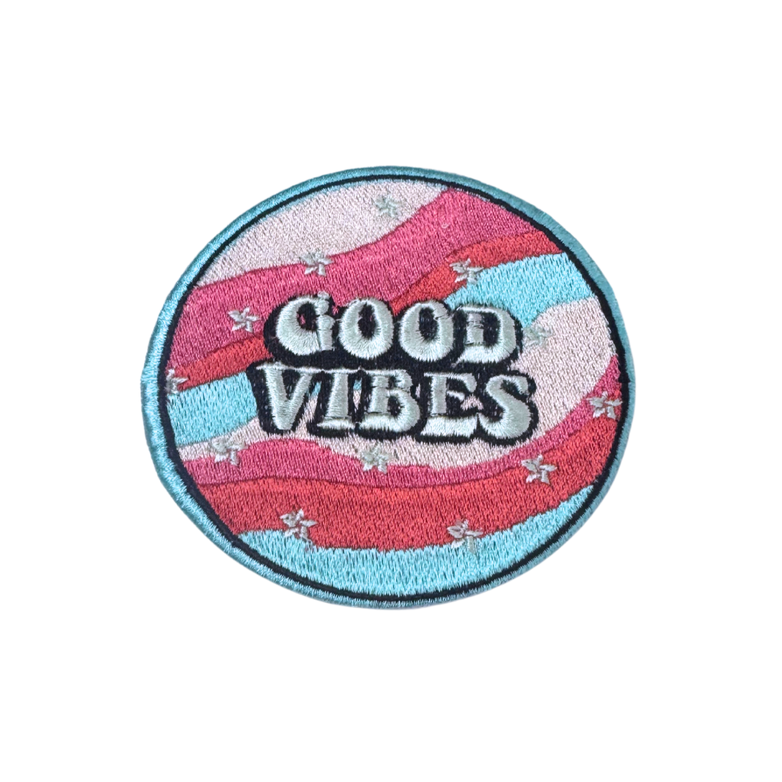 Embroidered patch featuring the words "Good Vibes" in bold, vintage-style text on a colorful wavy background with stars.

