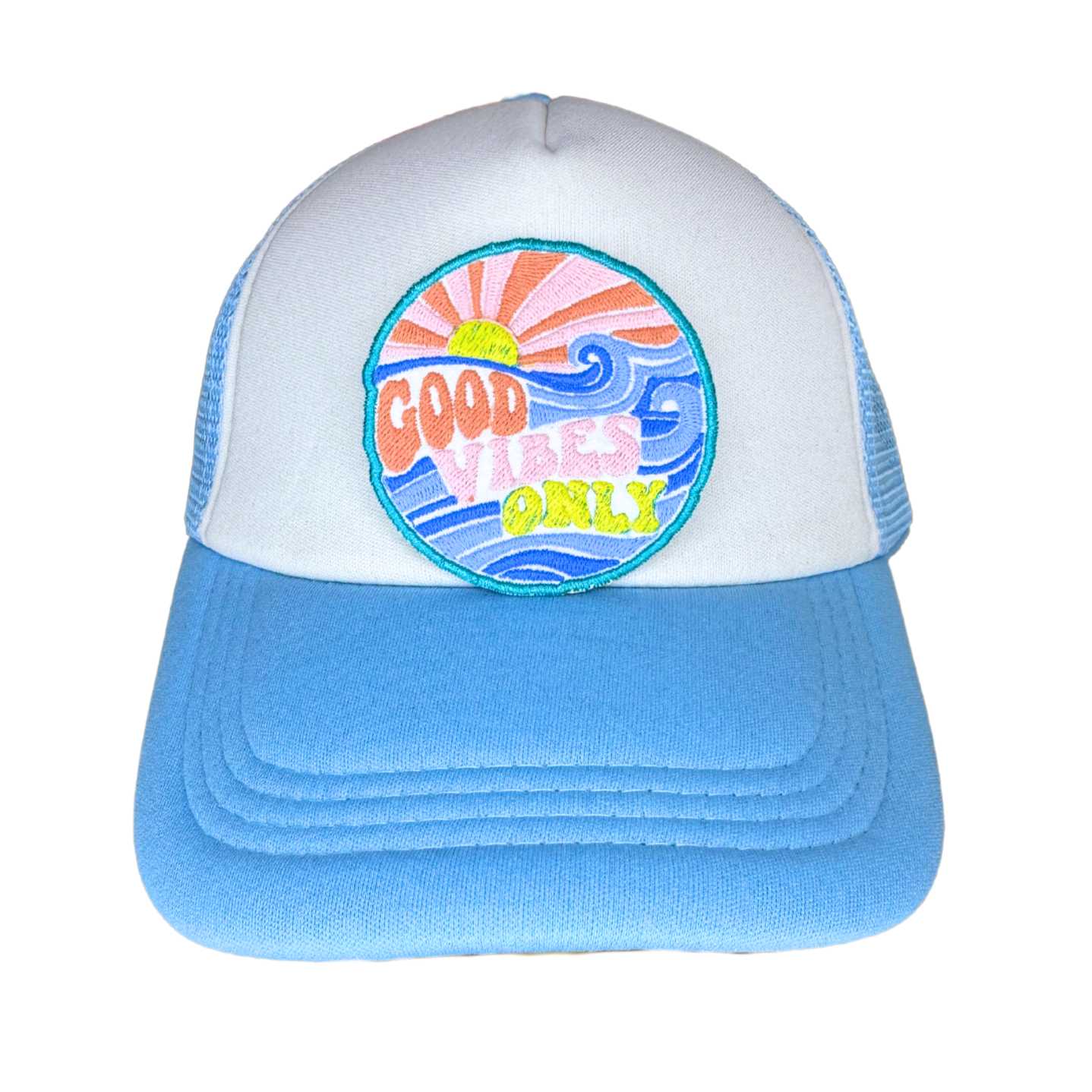 Embroidered patch shown on a blue and white trucker hat