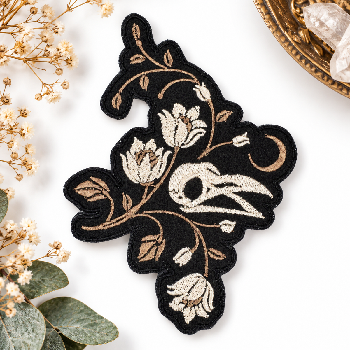 Gothic bird skull floral embroidered patch