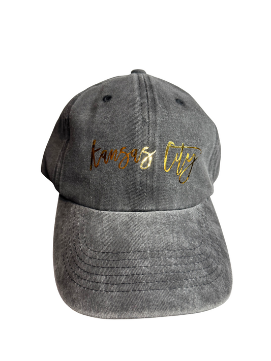 Washed Gray Kansas City Hat – Gold Script KC Baseball Cap, Adjustable