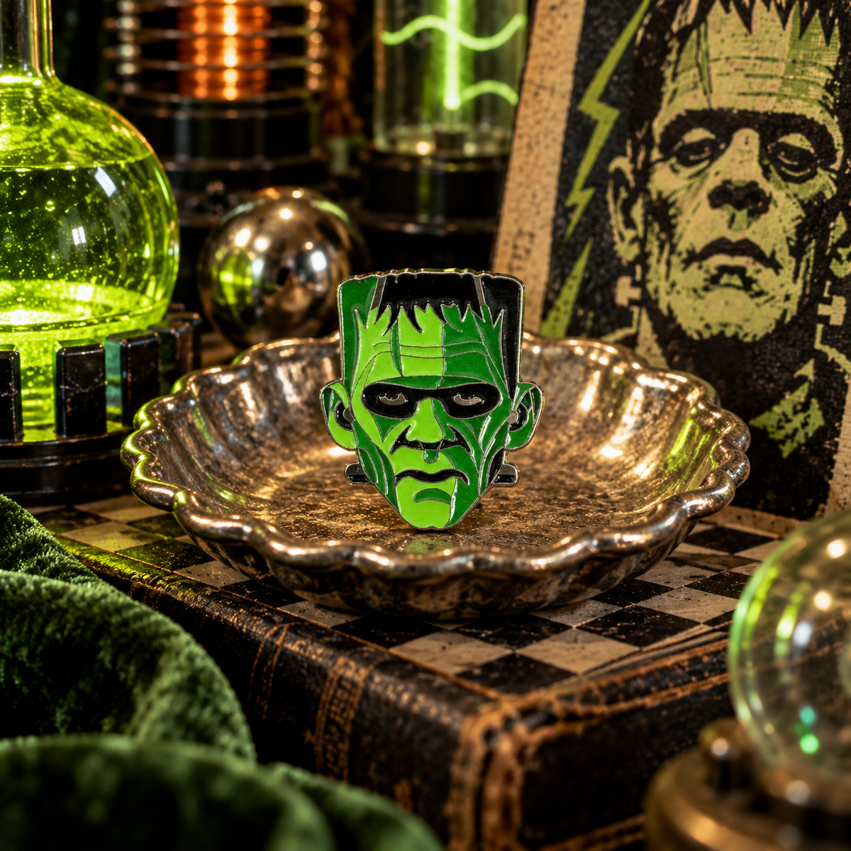 Green Frankenstein monster inspired enamel pin in a retro laboratory scene