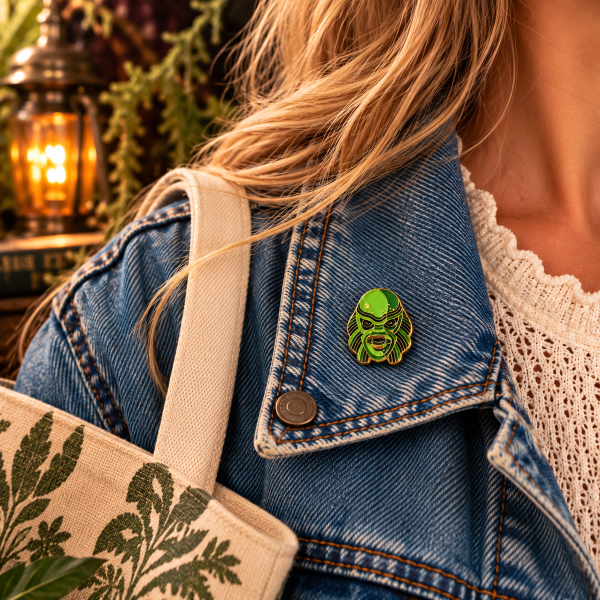 Green and gold retro aquatic monster enamel pin worn at realistic scale on a denim jacket