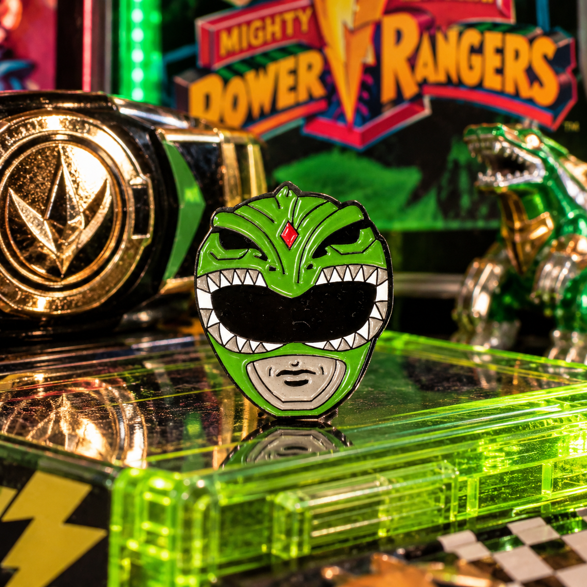 Green Ranger inspired helmet enamel pin in a retro 90s arcade scene